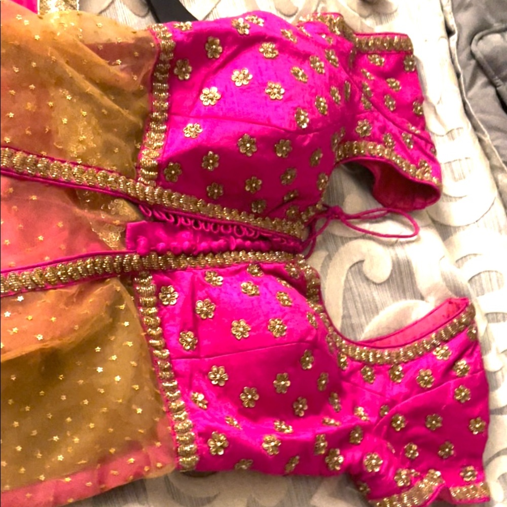 Bright Hot Pink & gold glitter Lehenga with contrasting bright purple Dupatta.